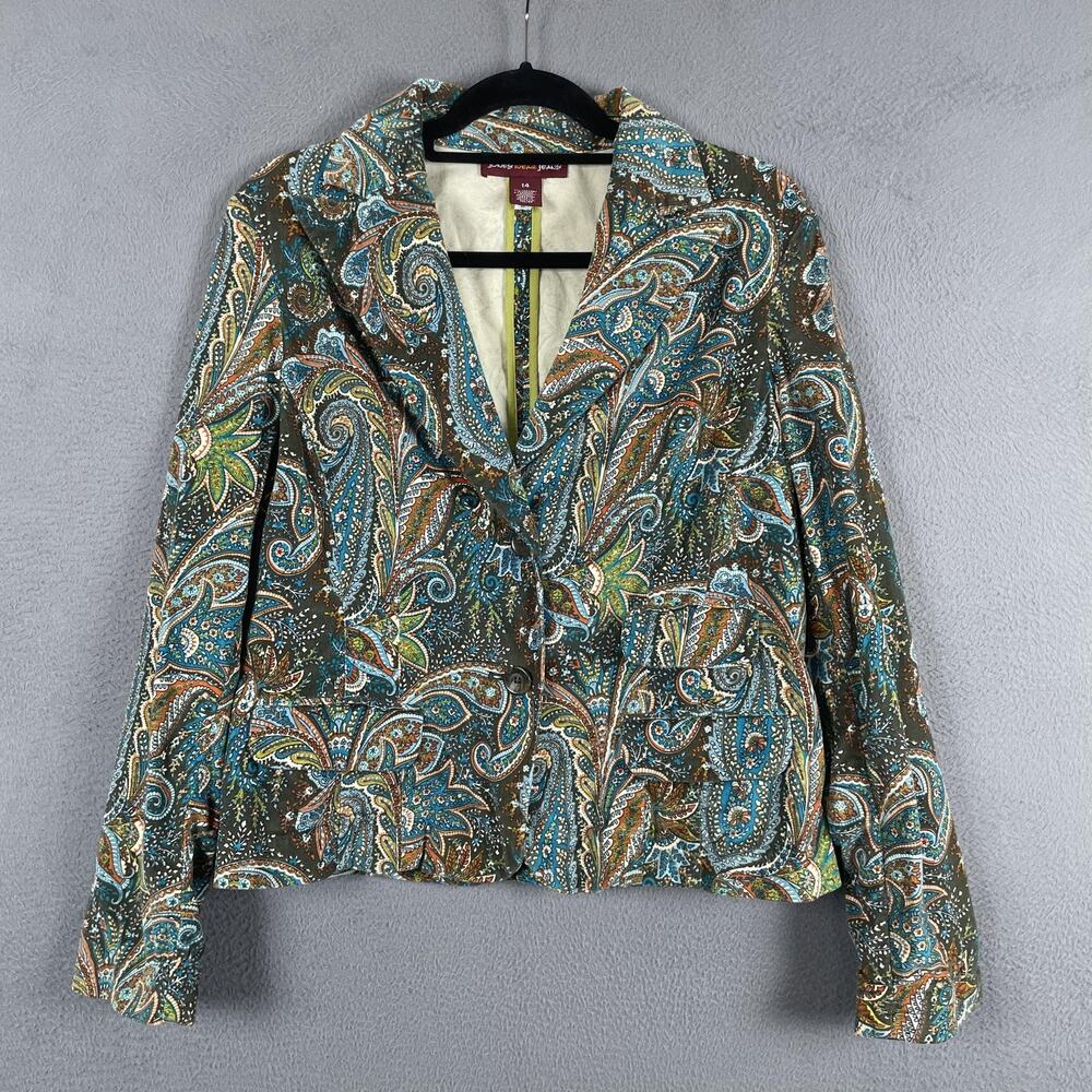 Jones Wear Jeans Blazer Womens 14 Brown Paisley Short Twill Collared Button